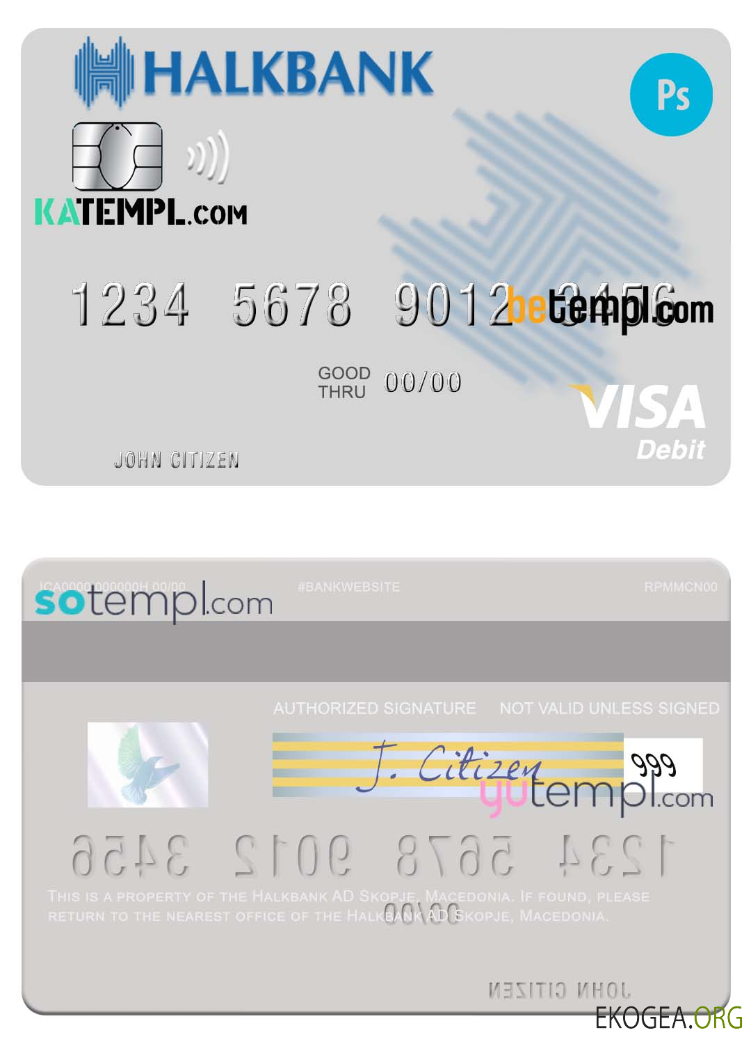 Modèle de carte visa Macédoine Halkbank AD Skopje entièrement modifiable au format PSD